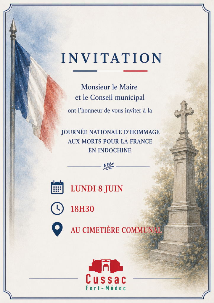 JOURNÉE NATIONALE D’HOMMAGE AUX MORTS POUR LA FRANCE EN INDOCHINE – Lundi 8 juin à 18h30 au Cimetière communal
